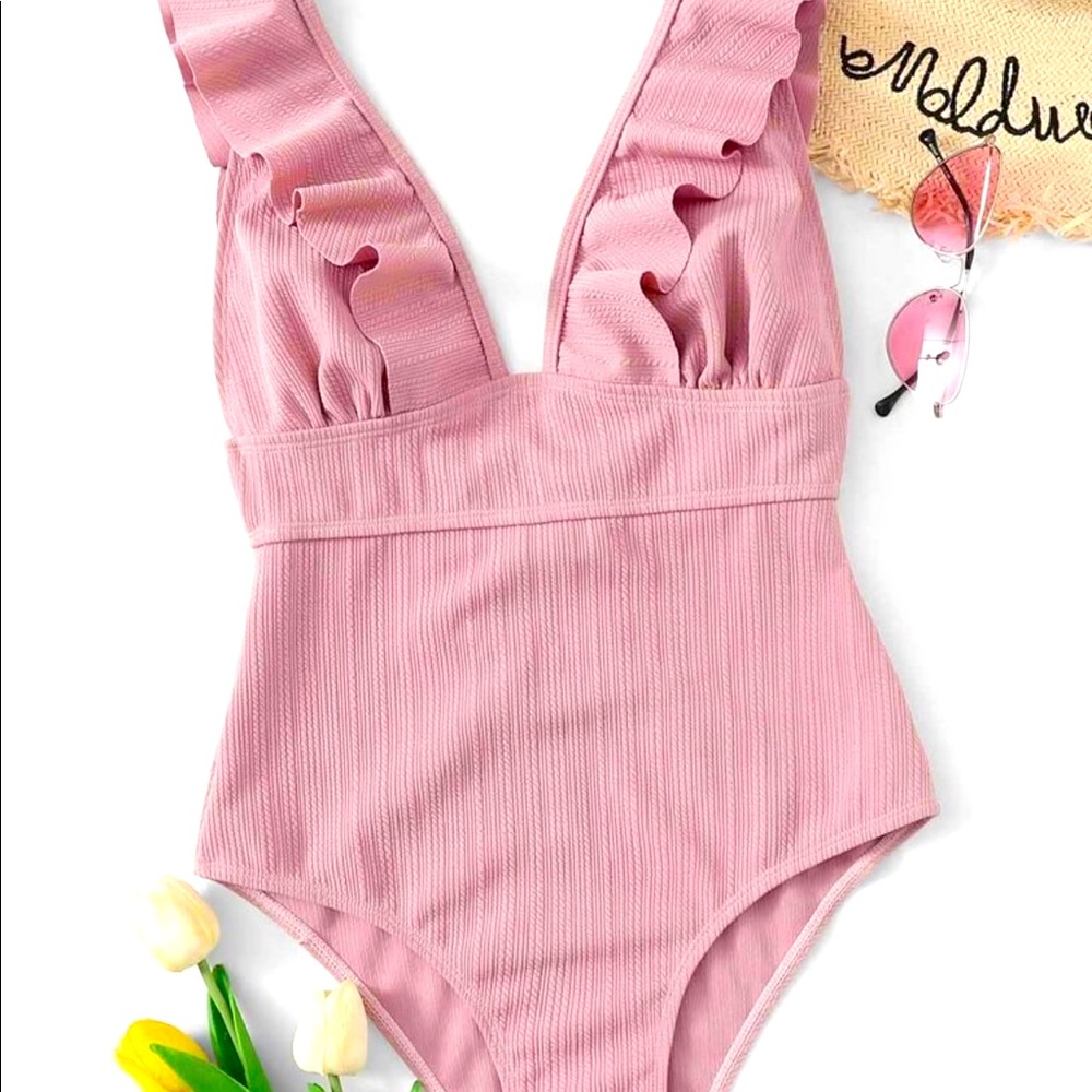 Dusty Pink Shein One piece ruffle lace up